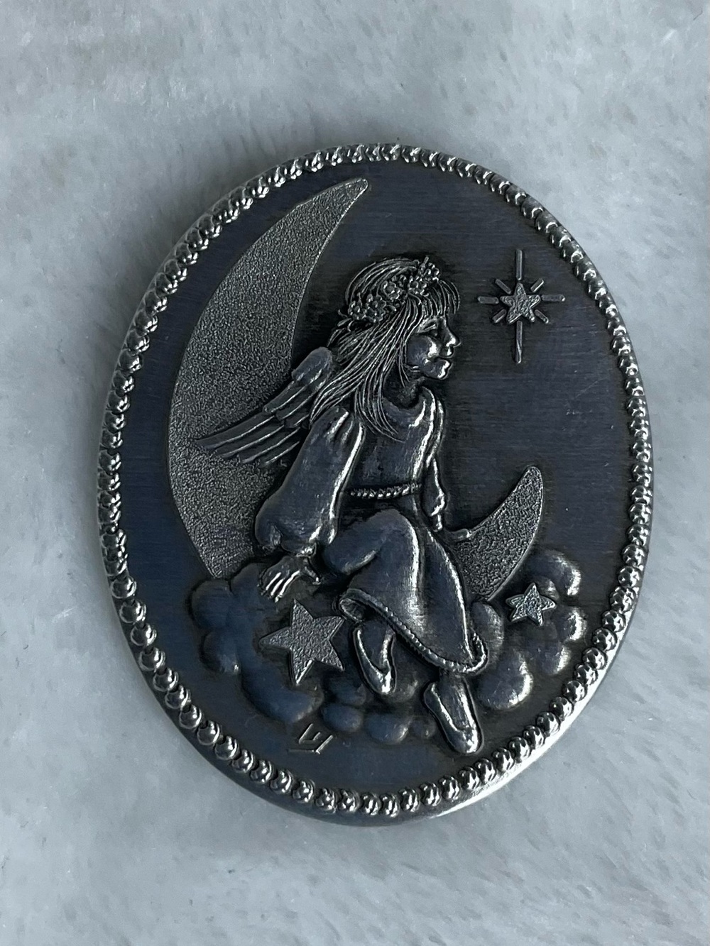 Vintage Wendell August Forge Silver Tone Angel on Moon Pendant/Brooch